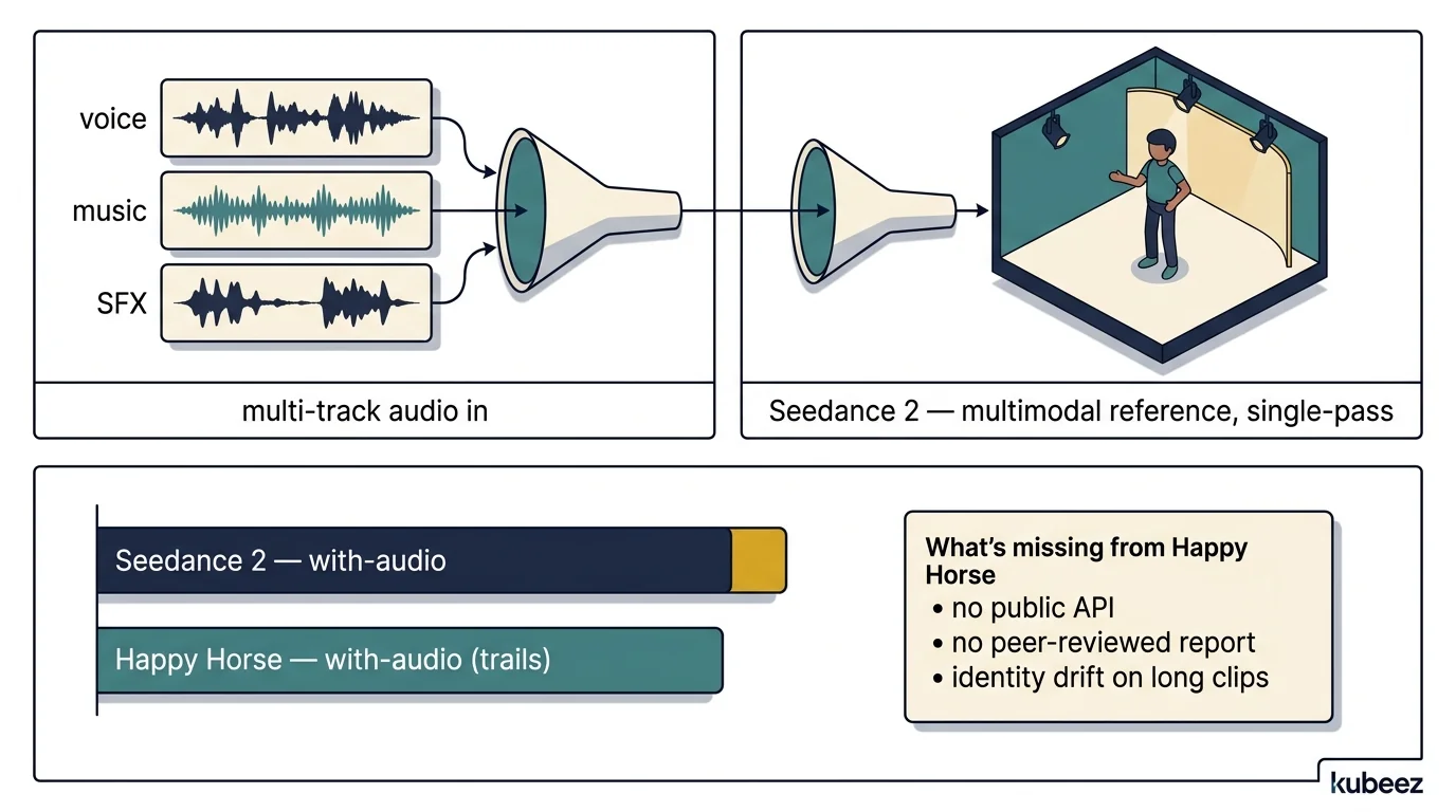 Diagrama editorial de cuatro paneles — embudo de audio multipista alimentando la generación multimodal de un solo paso de Seedance 2; gráfico de barras Elo mostrando Seedance 2 con audio por encima de Happy Horse con audio; lista de carencias de Happy Horse: sin API pública, sin informe revisado por pares, deriva de identidad en clips largos