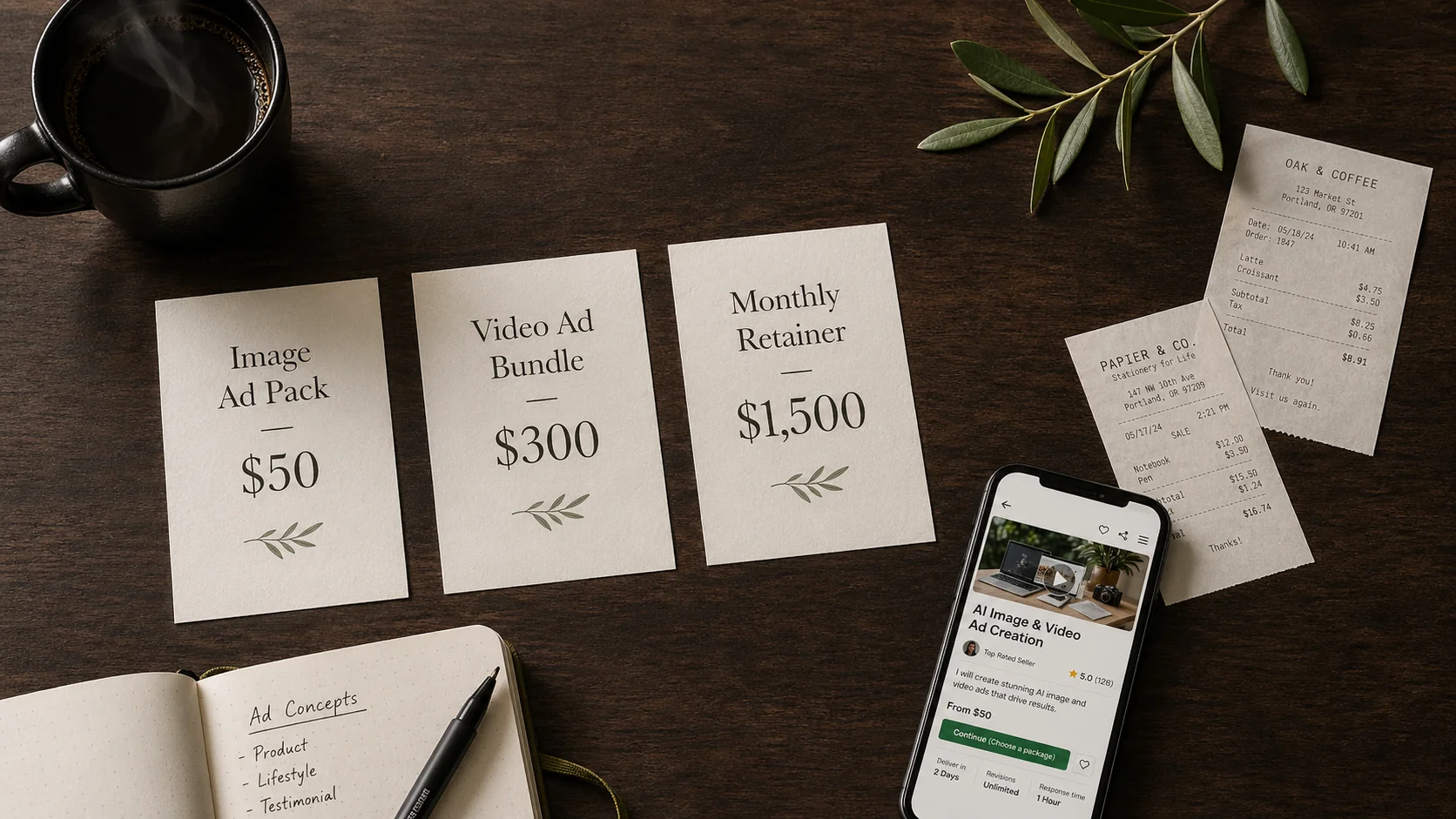 Flat-lay de sus pe un birou de nuc întunecat, cu trei carduri printate de pachete — Image Ad Pack la $50, Video Ad Bundle la $300, Retainer Lunar la $1,500 — lângă un smartphone care afișează o pagină de gig pentru AI Image and Video Ad Creation, meniul pe care freelancerii îl vând efectiv