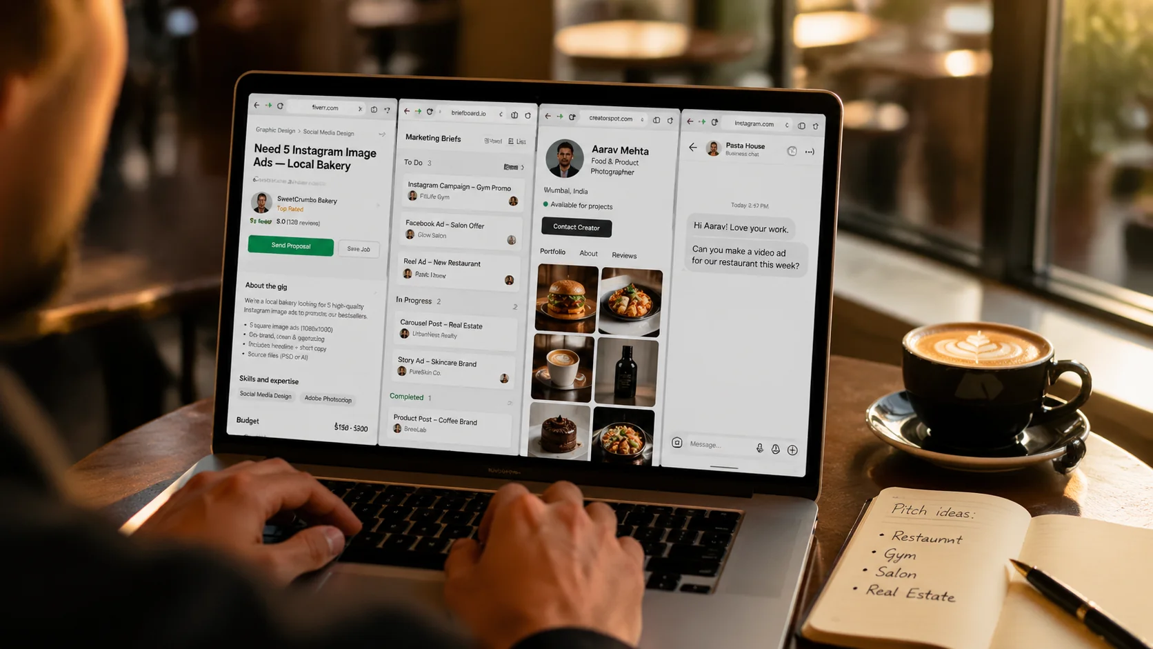 Cadru peste umăr cu laptopul unui freelancer pe o masă de cafenea, afișând patru tab-uri de browser — un anunț de gig freelance pentru o brutărie locală, un panou de proiecte, un portofoliu pe o rețea de creatori și un DM de la proprietarul unui restaurant — cu un caiet care listează idei de pitch pentru clienți de tip restaurant, sală de fitness, salon și imobiliare