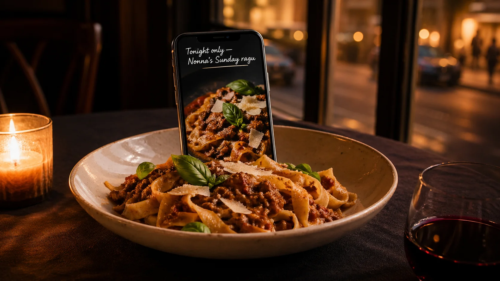 Masă de restaurant la golden hour — o farfurie reală de paste cu ragu și busuioc cu așchii de parmezan, un smartphone sprijinit de farfurie afișând postarea Instagram 1:1 generată cu AI corespunzătoare, stilizată ca o copertă de revistă, lumânare și un pahar de vin roșu, contrastul între farfuria reală și asset-ul social gata de postat