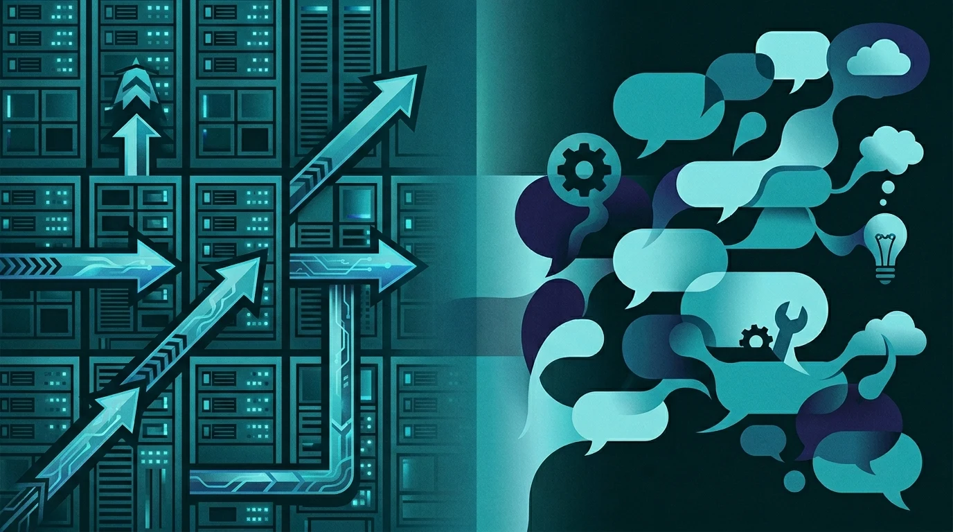 Abstract illustration: structured servers and HTTP flow versus conversational tools — two integration paths