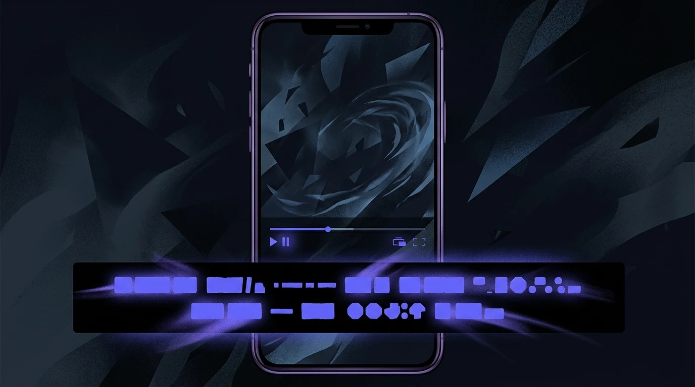 Concepto: marco de vídeo con barra de subtítulo fuerte y texto de alto contraste — subtítulos quemados para ver sin sonido