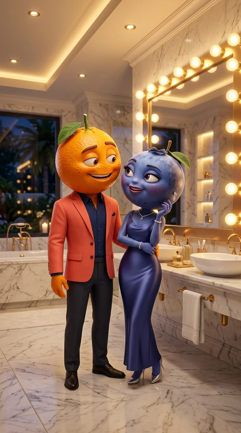 Orange and blueberry anthropomorphic pair in the same bathroom look — Nano Banana 2