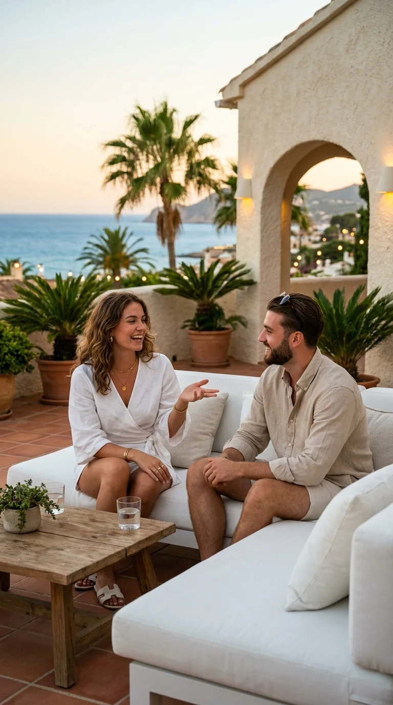 Still pe terasă — doi personaje în decor mediteranean la vilă, Nano Banana 2