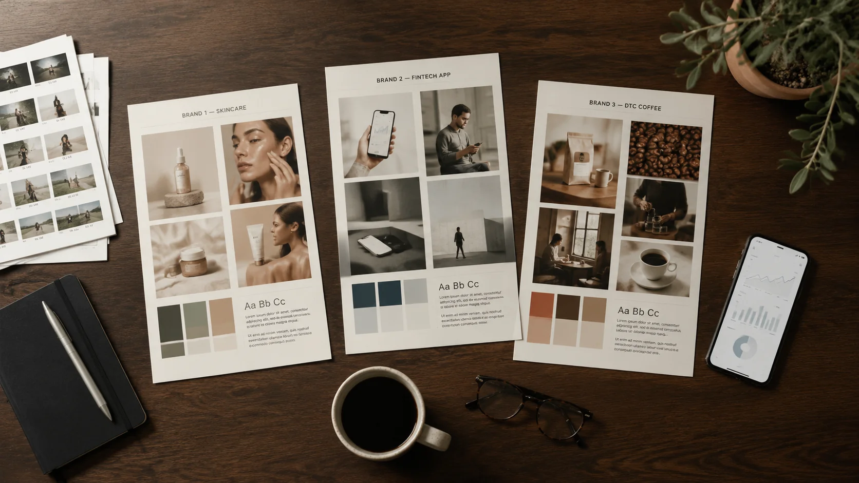 Flat-lay de sus în jos cu trei mood board-uri etichetate pe o masă de nuc — SKINCARE, FINTECH APP, DTC COFFEE — fiecare cu miniaturi de reclame printate, mostre de culori și sample-uri de tipografie, înconjurate de un moleskine, ochelari și o cană de gresie cu cafea