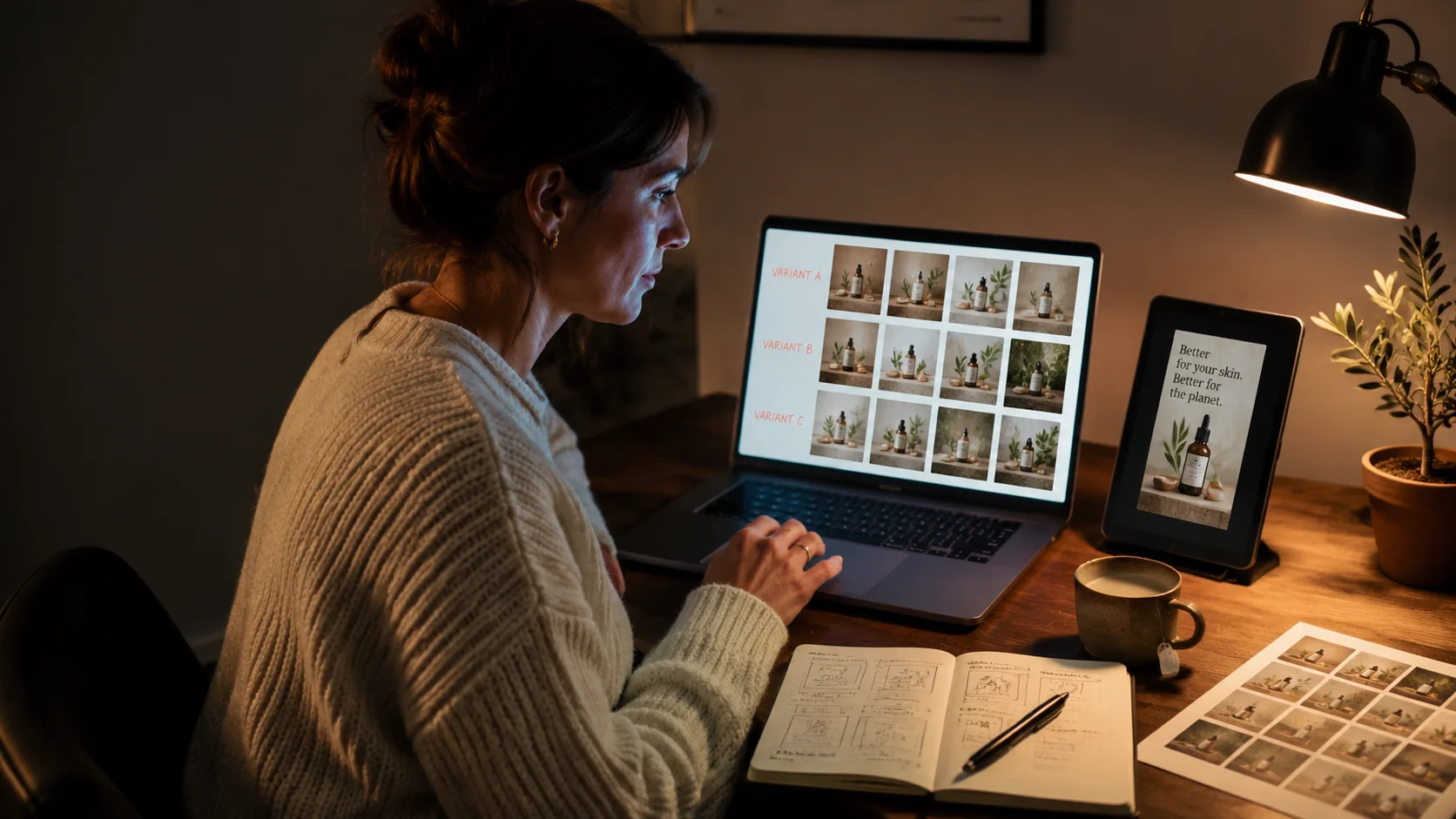 Singur operator de agenție la un birou de nuc, revizuind un laptop care afișează un grid 4x3 de miniaturi de creații publicitare etichetate VARIANT A, B, C, cu un al doilea ecran care arată un mockup vertical 9:16, lumină caldă de bec de tungsten, pulover crem tricotat