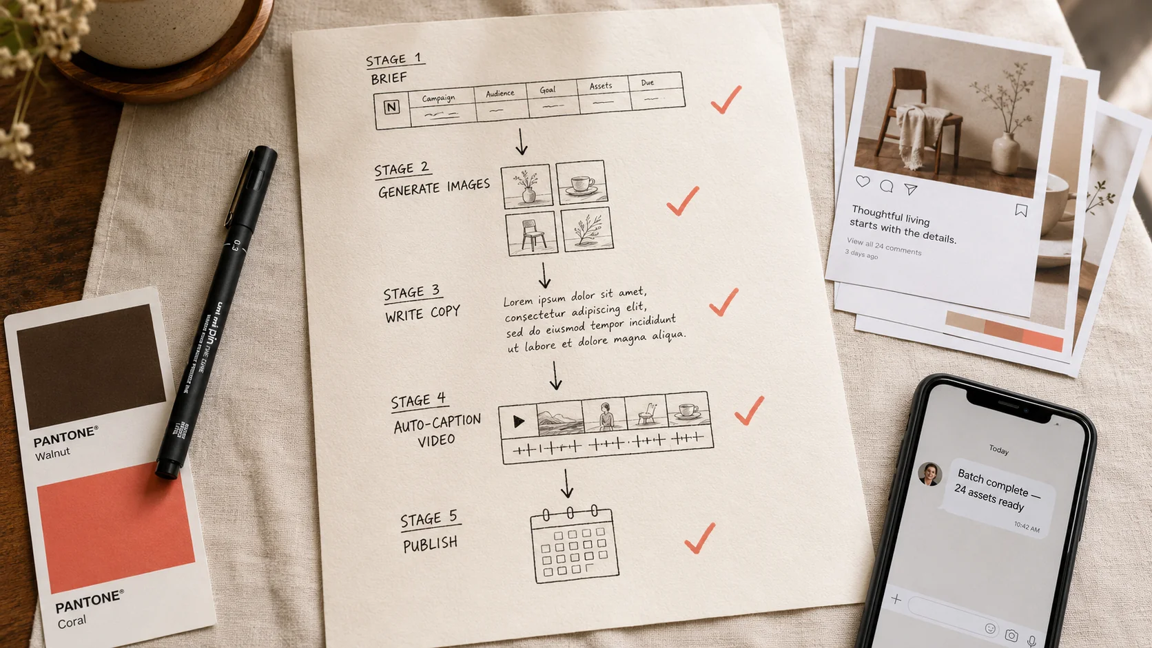 Flat-lay editorial visto desde arriba de un workflow de 5 etapas dibujado a mano sobre papel crema — etiquetado BRIEF, GENERATE IMAGES, WRITE COPY, AUTO-CAPTION VIDEO, PUBLISH — checks coral junto a cada etapa, rodeado de un fineliner, una tarjeta Pantone de color, mockups de Instagram impresos, y un teléfono mostrando el mensaje "Batch complete — 24 assets ready"
