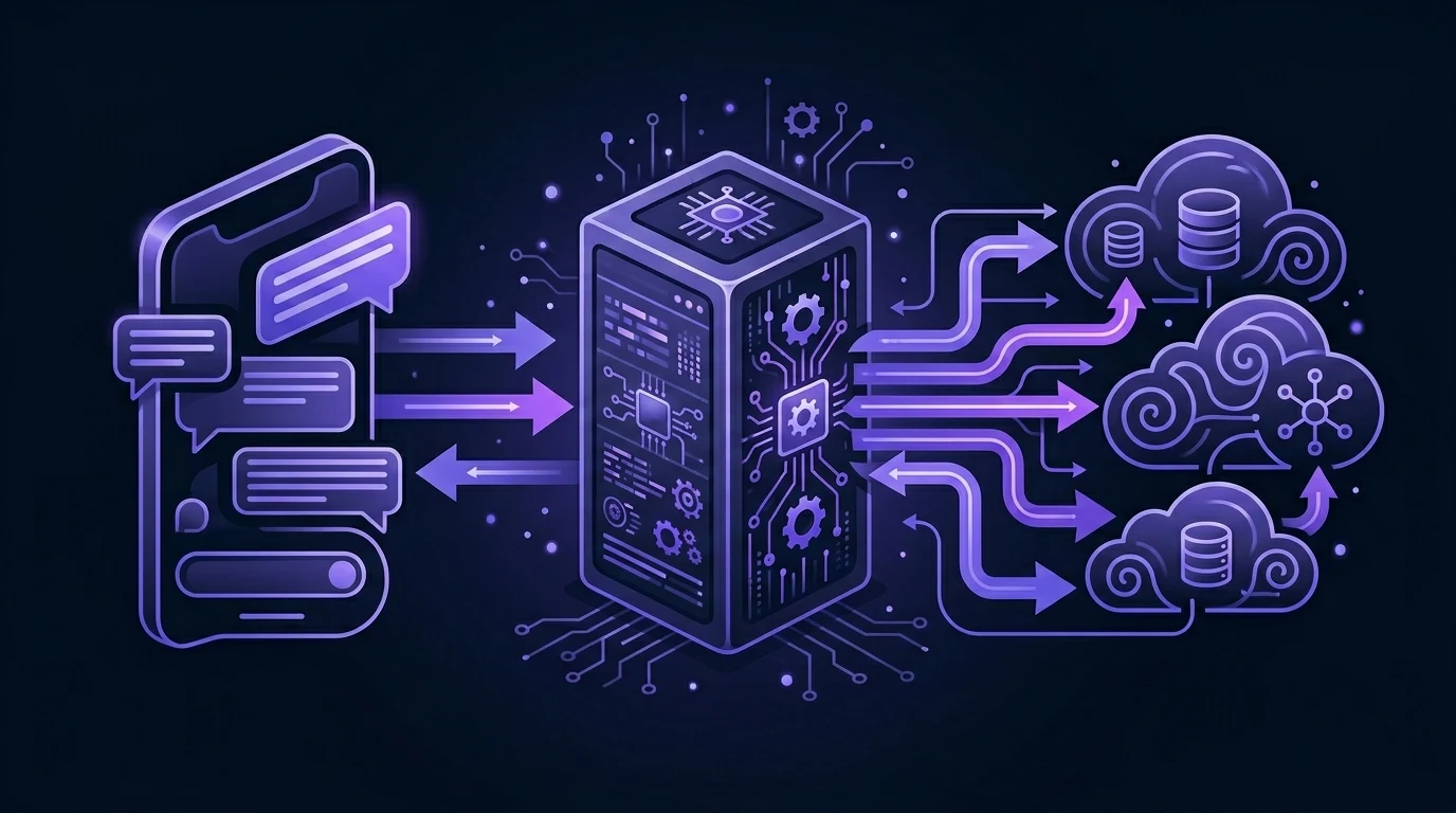 Abstract architecture: conversational client on left, MCP server box, Kubeez backend, image URL output on right — no brand logos