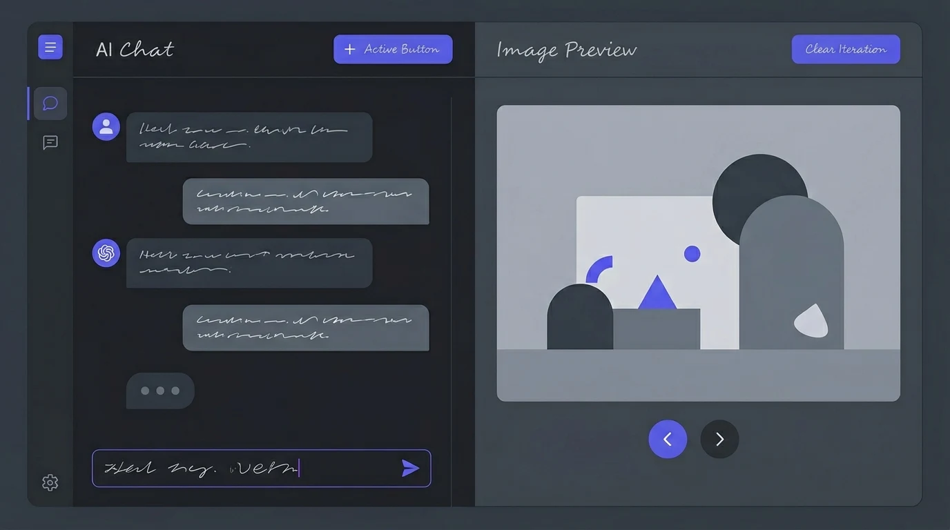Concept: split view of chat instructions beside stylized image preview panel — IDE-first generation loop