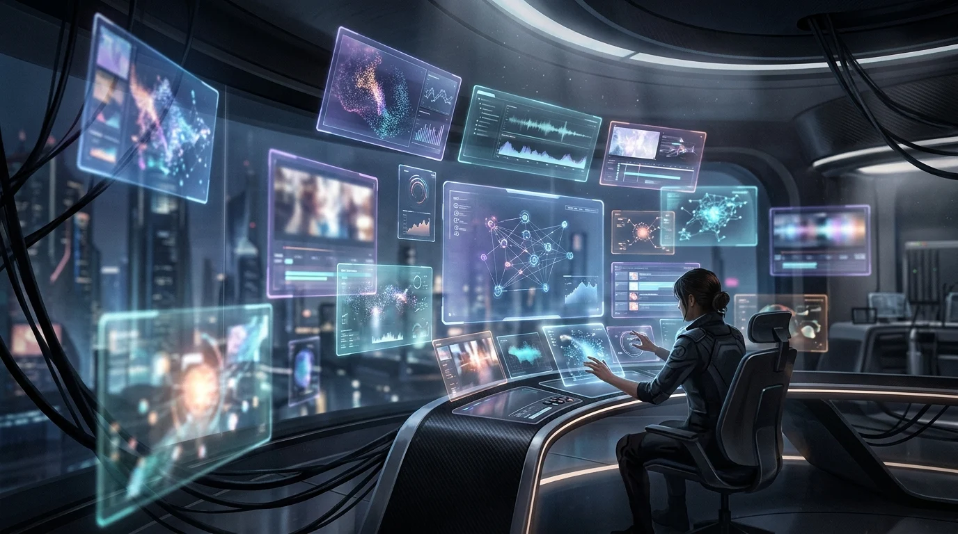 A multi-panel control room — many models, one workflow