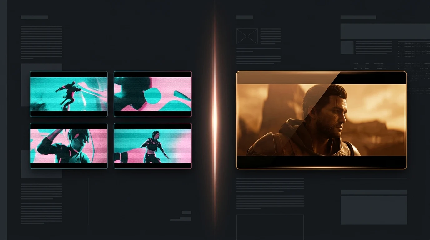 Abstract dual-lane visualization — draft iteration tiles on the left in teal/pink, single polished standard frame on the right in amber