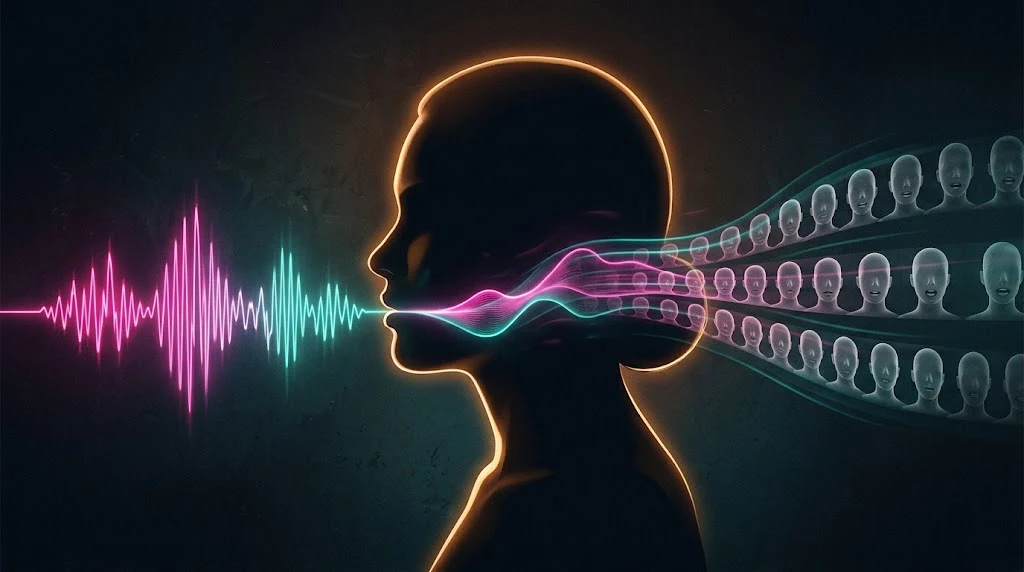 Abstract illustration — audio waveform flowing out of a silhouette portrait into a stream of video frames showing lip sync