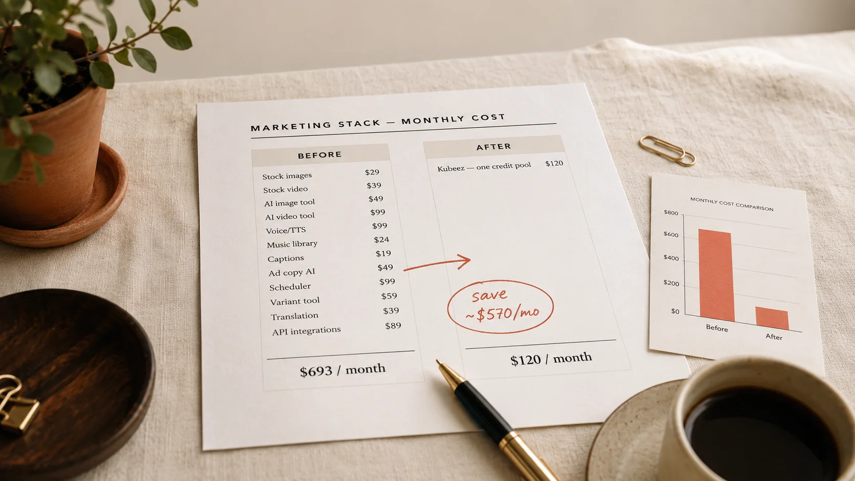 Flat-lay editorial de una hoja de presupuesto del stack de marketing impresa mostrando columna ANTES totalizando 693 USD/mes y columna DESPUÉS Kubeez 120 USD/mes con flecha coral hecha a mano