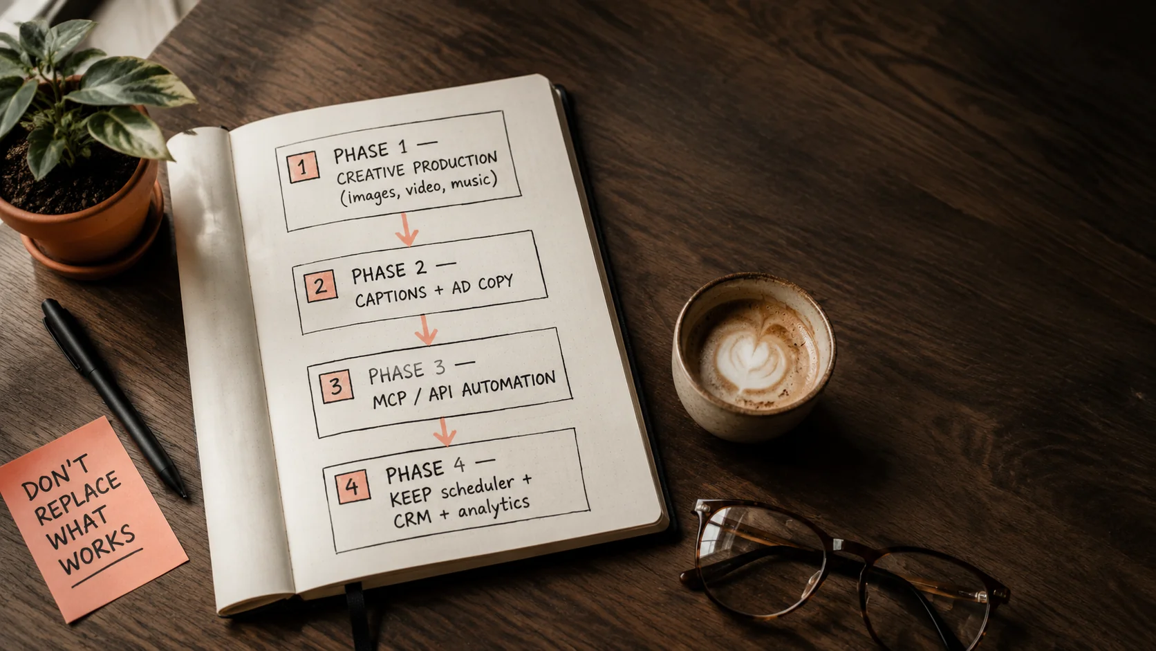 Hoja de cuaderno con un roadmap de migración en 4 fases dibujado a mano mostrando CREATIVE PRODUCTION, CAPTIONS más AD COPY, MCP API AUTOMATION, KEEP scheduler CRM analytics con flechas coral