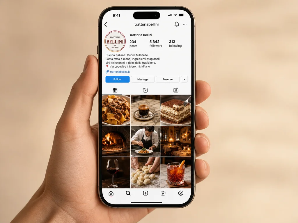 iPhone afișând un grid Instagram de 9 plăci pentru o trattorie italiană fictivă, cu paste, pizza, espresso și tiramisu