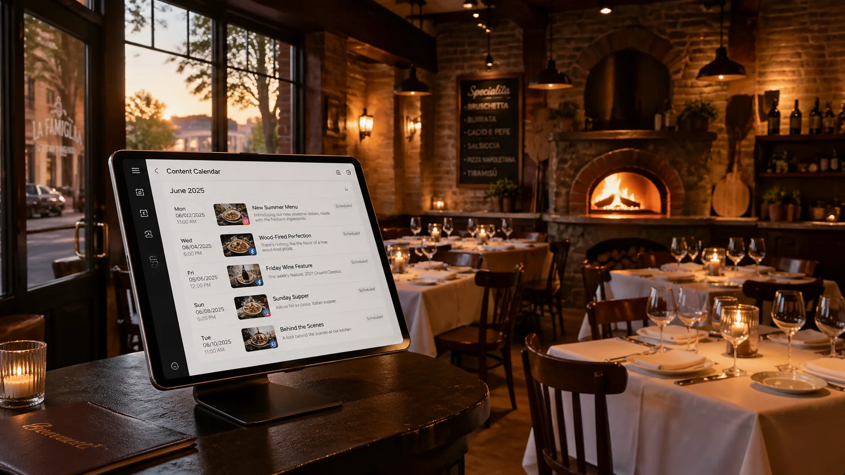 Interior cald de trattorie cu cuptor de pizza din cărămidă și un iPad la host stand care afișează un calendar de conținut