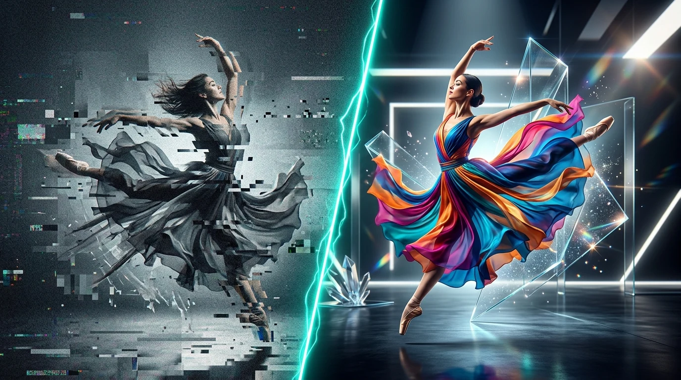 Visualización de fotograma dividido abstracto — izquierda muestra artefactos de movimiento fragmentado, derecha muestra calidad de video IA fluida y sedosa con línea de borde turquesa brillante