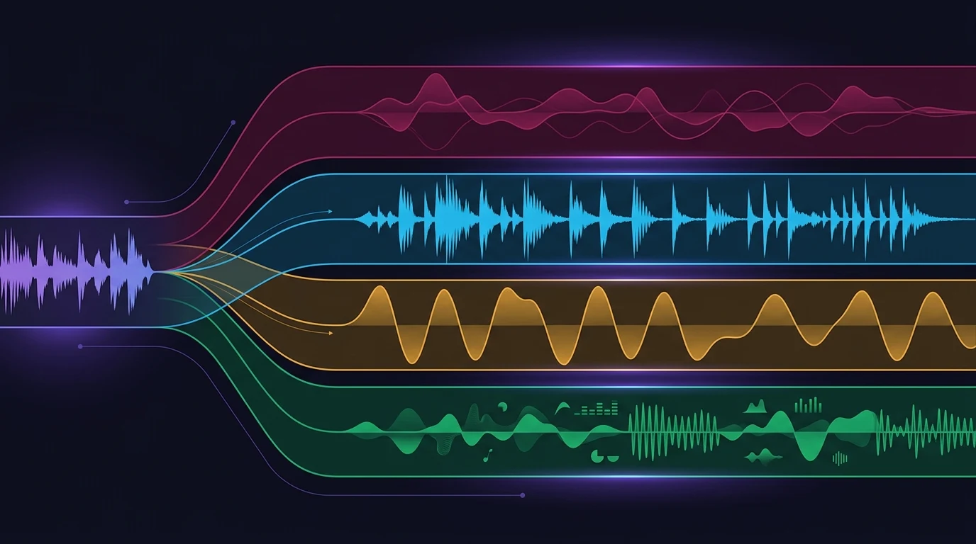 Abstract diagram: four parallel colored lanes labeled vocally drums bass other flowing from one waveform — stem outputs