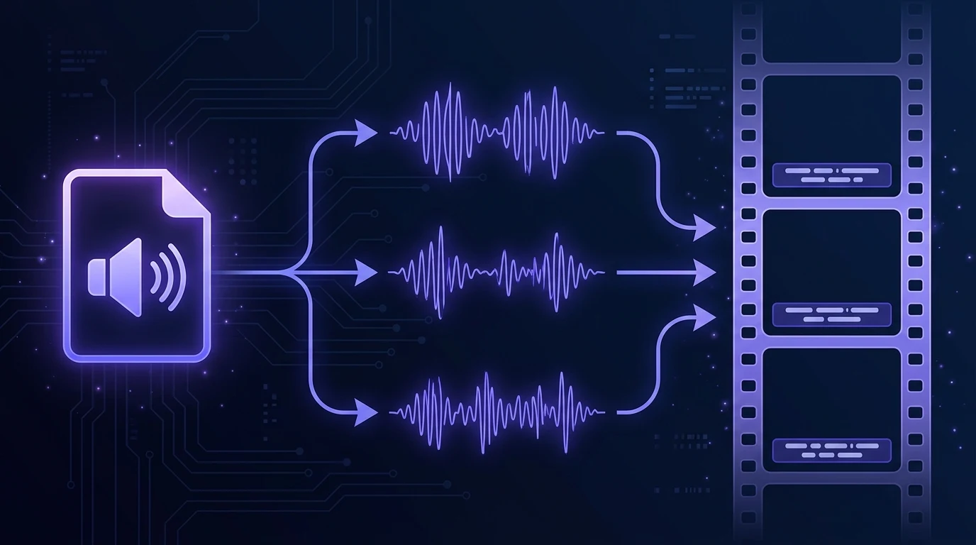 Workflow concept: audio file icon branching to stem tracks then to subtitle strip — production pipeline