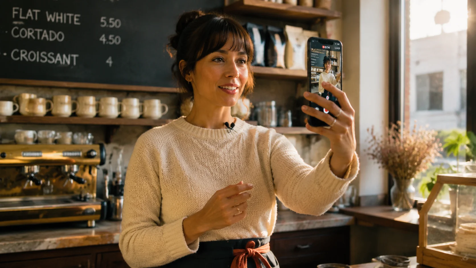 Retrato editorial de una dueña de pyme en su cafetería boutique sosteniendo el móvil en vertical para grabar un selfie, con un micro de solapa, máquina de espresso de latón y pizarra de menú detrás, tonos crema y nogal