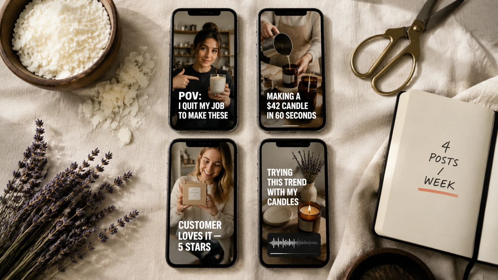 Plano cenital editorial de cuatro smartphones en una rejilla 2x2 sobre lino crema, cada uno con un mockup distinto de post vertical para una tienda de velas — fundador POV, demo de producto, trend ride y testimonio de cliente — rodeados de escamas de cera de soja, lavanda seca, tijeras de latón y un cuaderno que indica 4 POSTS / SEMANA