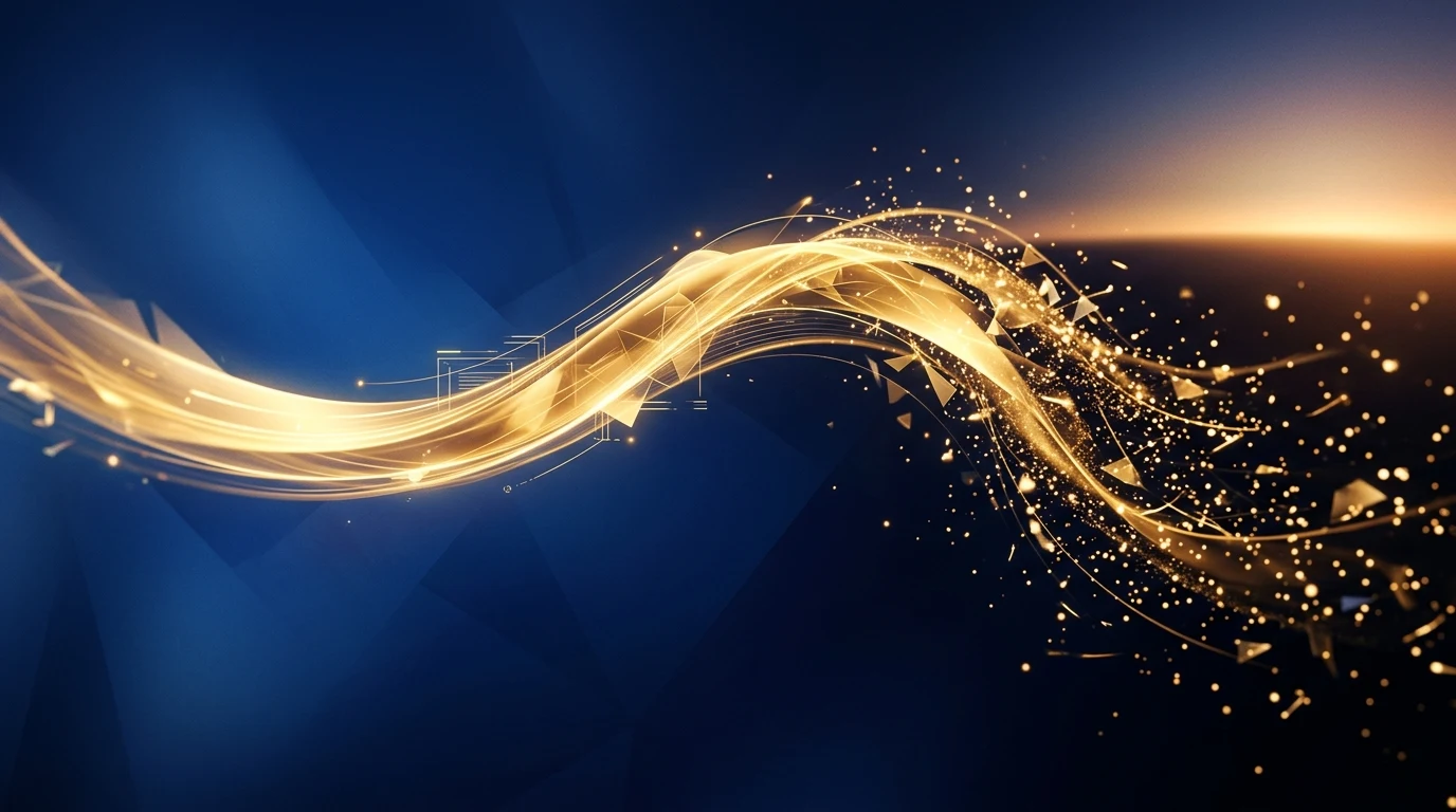 Abstract golden light ribbon and deep blue horizon—editorial “road ahead” visualization