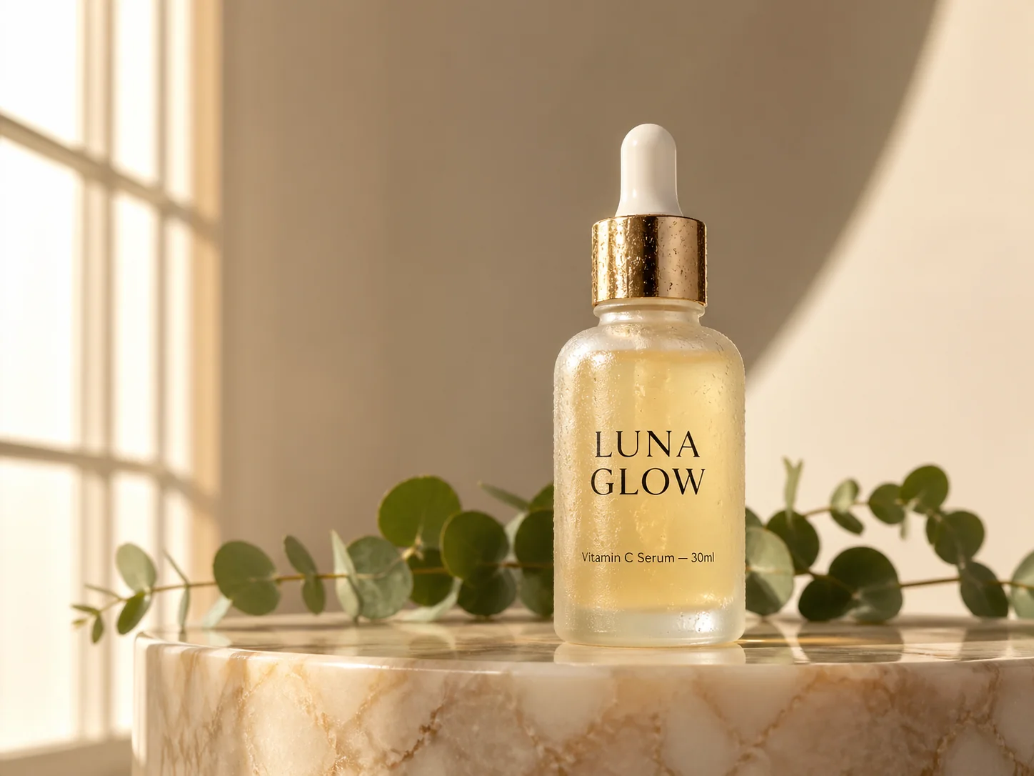 Studio shot of a frosted-glass skincare serum bottle on marble with readable label "LUNA GLOW Vitamin C Serum 30ml"
