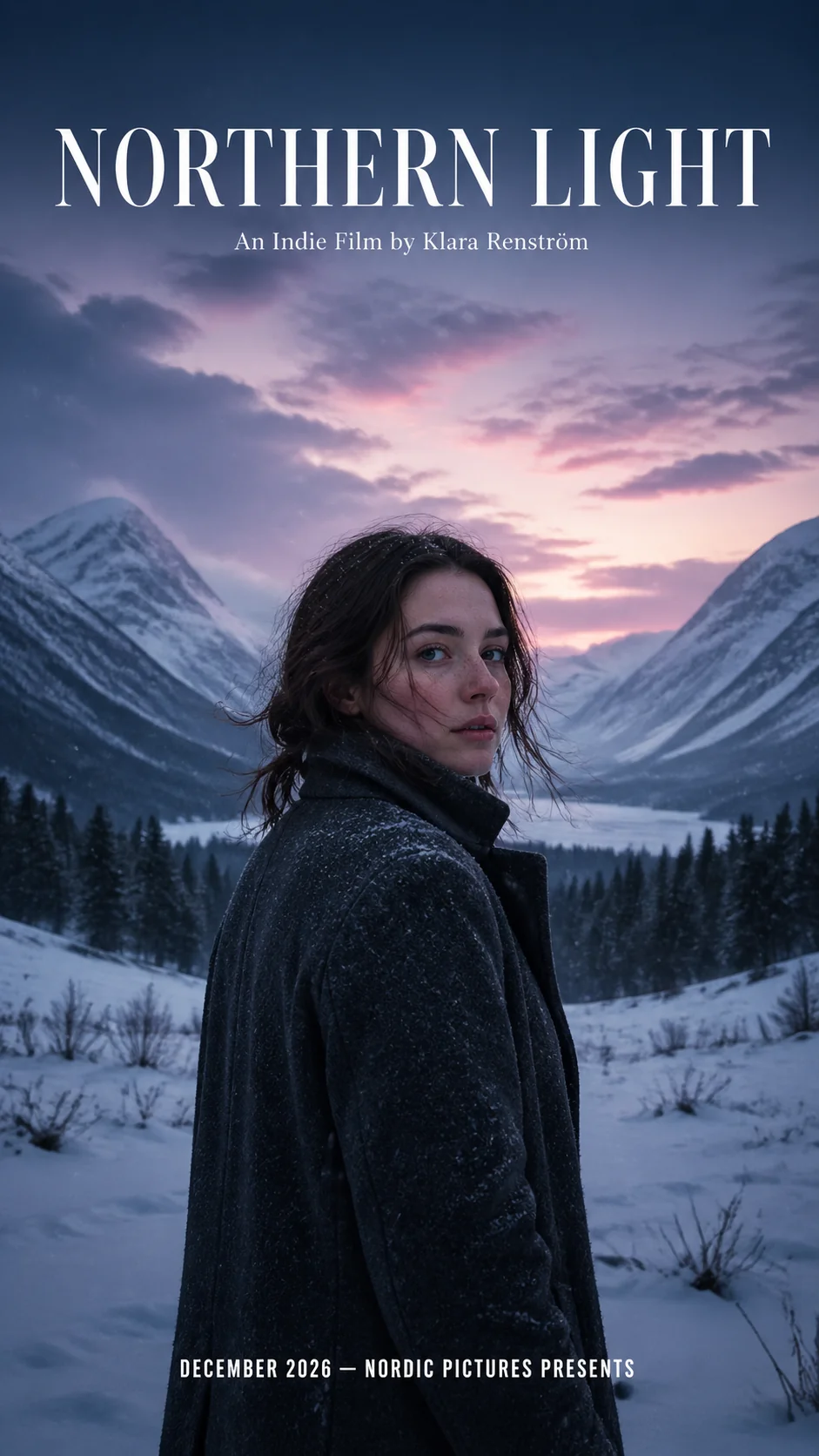Vertical movie-poster-style art piece "NORTHERN LIGHT" with serif title and a portrait in winter coat against a snowy mountain backdrop