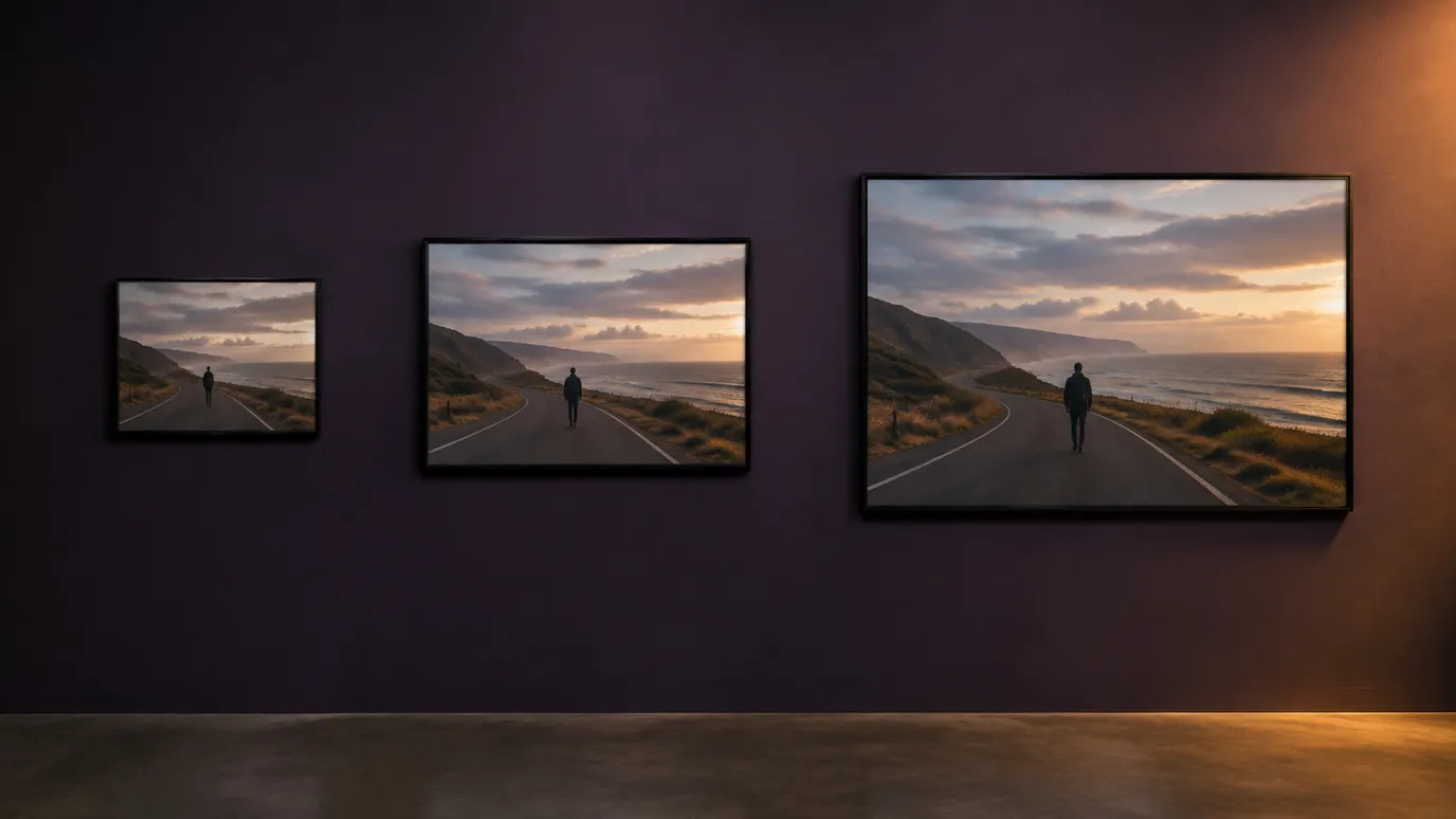Aceeași fotografie înrămată și expusă la trei dimensiuni diferite pe un perete de galerie