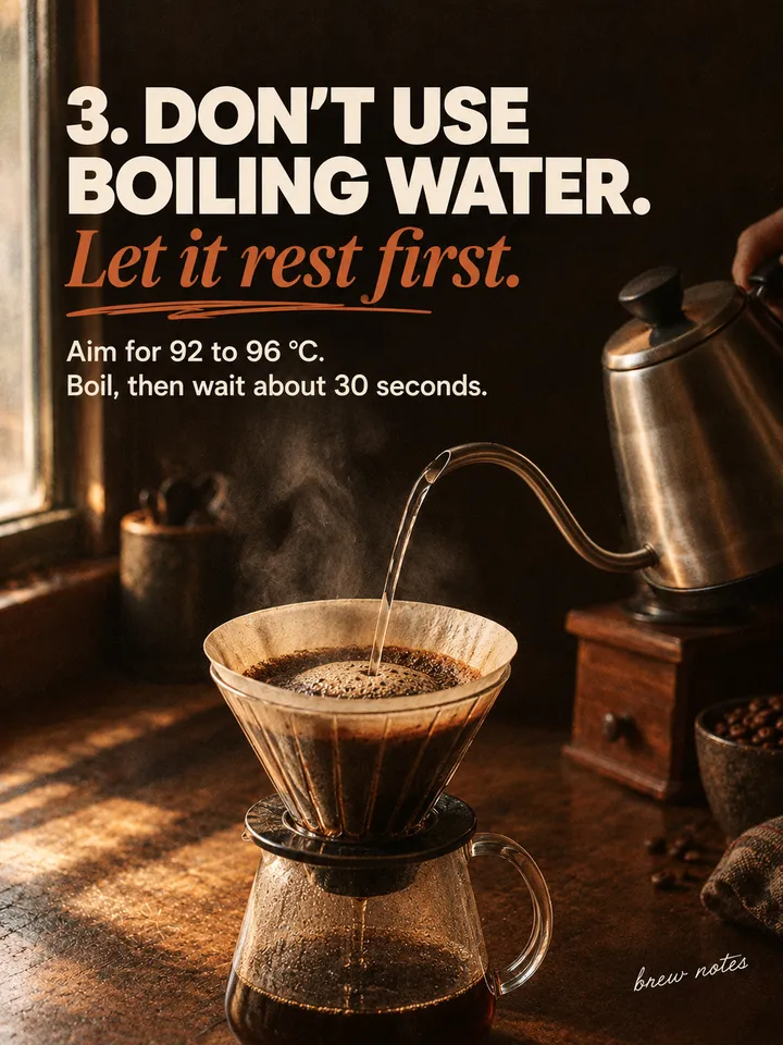 Slide 4: 3. DON'T USE BOILING WATER. Let it rest first.