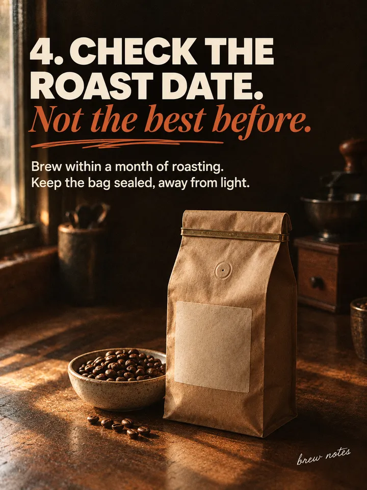 Slide 5: 4. CHECK THE ROAST DATE. Not the best before.